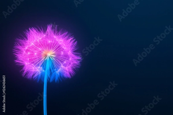 Obraz A moody approach: a dandelion in warm, dim light, seeds ejecting in explosions of neon and pastel