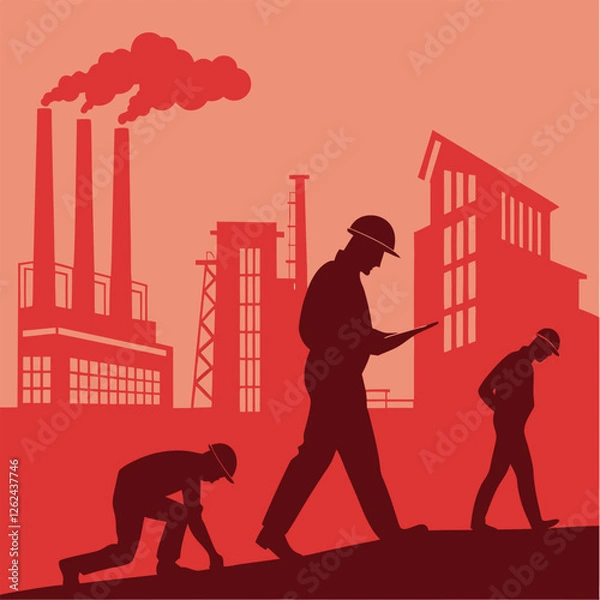 Obraz Labor Day. Strong Worker Silhouettes, Factory Background men USA unity retro power effort 