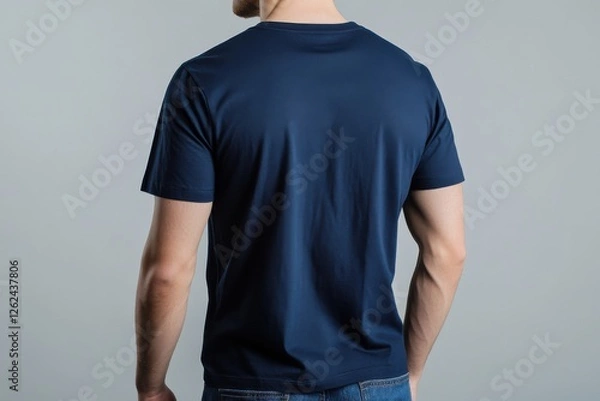Fototapeta Man wearing a dark navy t-shirt in a studio setting, showcasing the back view of his outfit against a neutral background
