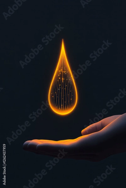 Fototapeta A stylized vignette of a luminous drop floating in slow-motion above a palm, pulsating in sync with