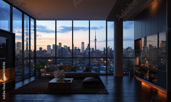 Fototapeta Open-concept living area with dark hardwood floors, large windows, and modern furniture for elegant design