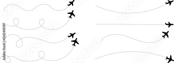 Fototapeta A set of airplane silhouettes with dotted flight paths, representing travel routes and aviation movement. Perfect for flight-related designs, trip planning concepts, and air travel graphics