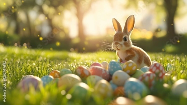 Fototapeta Playful Bunny Hopping Around a Pile of Colorful Easter Eggs
