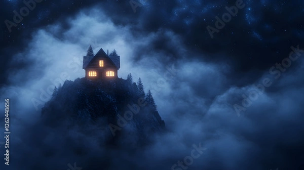 Fototapeta Imagine a magical chalet that stands and glows with a mystical aura in a serene winter landscape.
