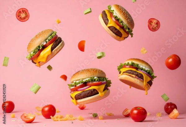 Fototapeta Flying cheeseburgers with tomatoes on a pink backdrop
