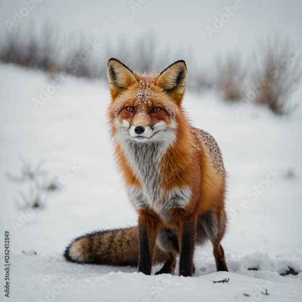 Fototapeta A striking red fox standing attentively on a white background.