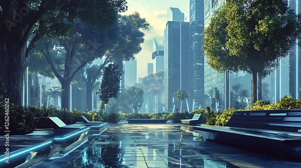 Fototapeta Futuristic City Park with Glowing Pathways and Skyscraper View