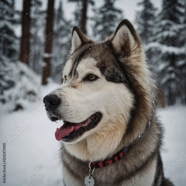 Fototapeta A fluffy Alaskan Malamute with its tongue out.