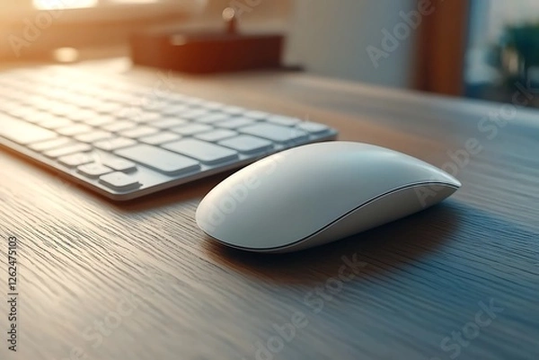 Fototapeta Modern Wireless Keyboard and Mouse on a Wooden Desk