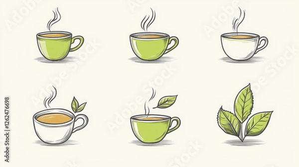 Obraz Collection of green or organic tea icons with vector doodle sketches in shades of green of steaming cups of tea each incorporating a leaf into the design for bio or eco concepts