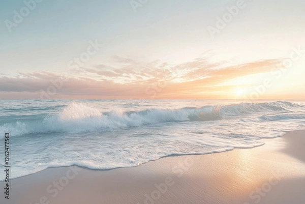 Fototapeta A serene sunrise over a tranquil ocean, with gentle waves lapping onto a sandy beach under a pastel-colored sky.