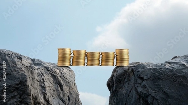 Fototapeta Stacks of Coins Forming Bridge Between Rocky Cliffs Under Sky