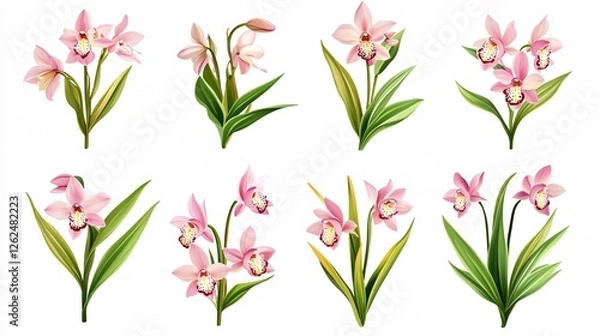 Fototapeta Collection of Pink Cymbidium Orchids Isolated on White Background