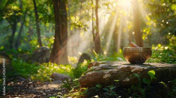 Fototapeta Forest and Tibetan singing bowl placed on a soft surface, symbolizing calmness, meditation, and spiritual well-being. Concept of mindfulness, relaxation, and inner peace.