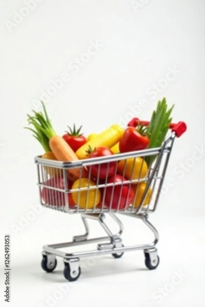 Fototapeta Half-filled shopping cart with various groceries on white background , food, shopping list, store