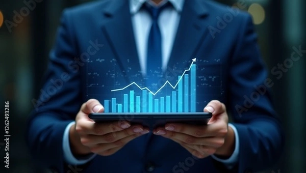 Fototapeta man in blue suit holding tablet with interactive graph