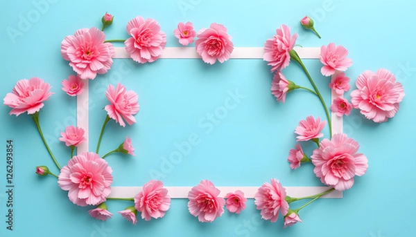Fototapeta Frame made of carnation flowers. Pink floral banner with place for text, origami. with white shades