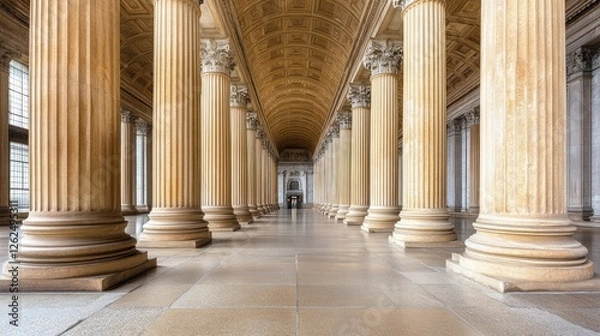 Obraz Ancient Columns, Majestic Hallway, Sunlight Through Windows, Empty Interior