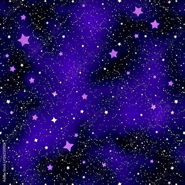 Obraz Purple Galaxy Dream: A mesmerizing seamless pattern of twinkling stars and nebulae in shades of deep purple and violet, perfect for backgrounds, textiles, and dreamy designs.