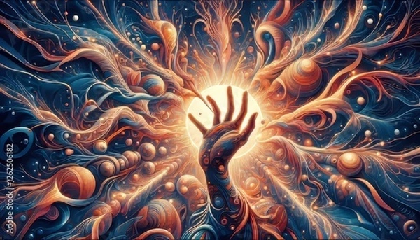 Fototapeta A captivating 3D 4K image features an intricately detailed hand reaching toward a radiant light, surrounded by swirling colors, organic shapes, and cosmic elements, 