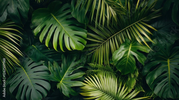 Fototapeta Summer tropical adventure poster with green leaf of palm. Exotic tree and plant foliage banner for hawaiian vacation or paradise holidays beach party design with fern, monstera, fan and areca palm