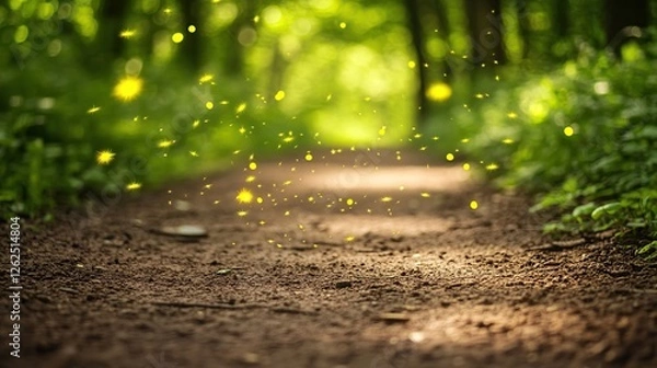 Fototapeta Firefly Path Forest Trail, Summer Dusk, Magical Glow, Nature Scene