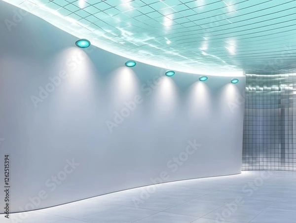 Obraz A curved white wall lit by five cyan spotlights in a futuristic pavilion with reflective metallic tiles and soft ambient ceiling lighting.