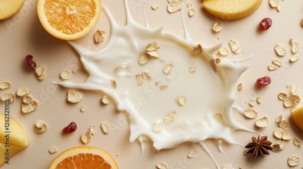 Fototapeta Creamy milk splash surrounded by orange slices, oats, and dried fruit creates vibrant and fresh breakfast scene