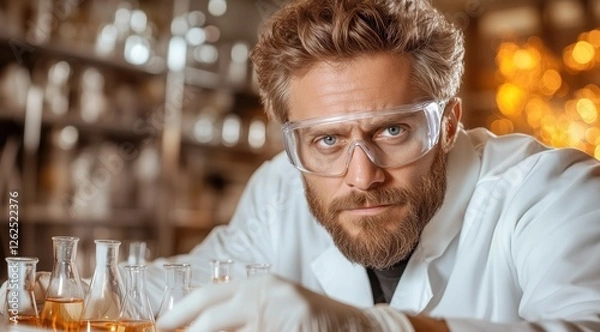 Fototapeta man with a beard and glasses analyzes various liquids in glassware while working in a laboratory filled with equipment and research materials, showcasing a focused expression