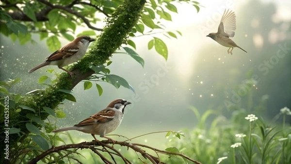Fototapeta This serene and idyllic image depicts a peaceful natural scene with sparrows as the central focus.
