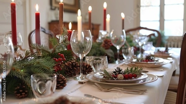 Fototapeta Elegant christmas dining table with candlelit decor and natural accents.