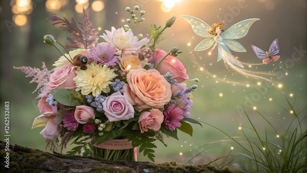 Fototapeta This is a whimsical and enchanting image featuring a vibrant bouquet of pastel-colored flowers in a natural