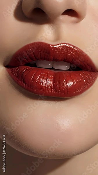 Fototapeta A close-up shot of a smooth, organic lipstick gliding over lips, delivering a rich, velvety color while deeply moisturizing with essential natural oils.