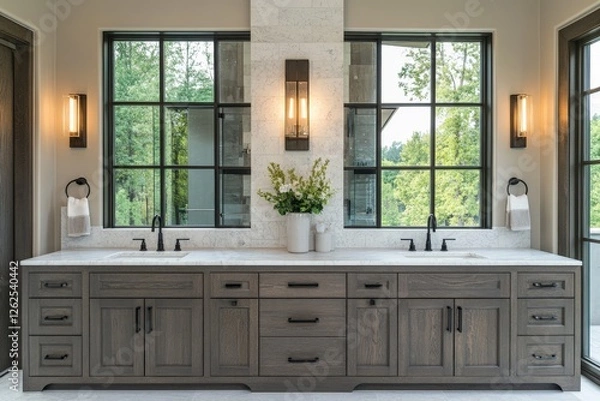 Fototapeta Stylish modern bathroom design featuring dual sinks and large windows with a forest view