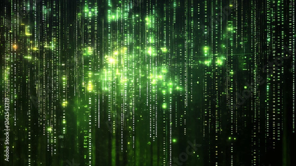 Fototapeta A futuristic digital background with glowing green code cascading down in a matrix-style cyber environment symbolizing data flow and technology

