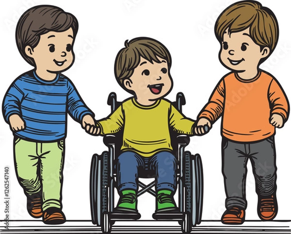 Obraz Inclusive Friendship - Two Kids Holding Hands with a Boy in a Wheelchair - Diversity and Inclusion Concept