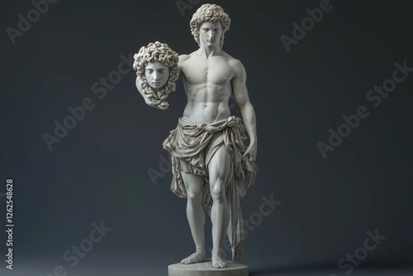 Fototapeta Perseus holding the head of the Gorgon Medusa. Ancient Greek and Roman mythology. Marble statue. Horizontal image.