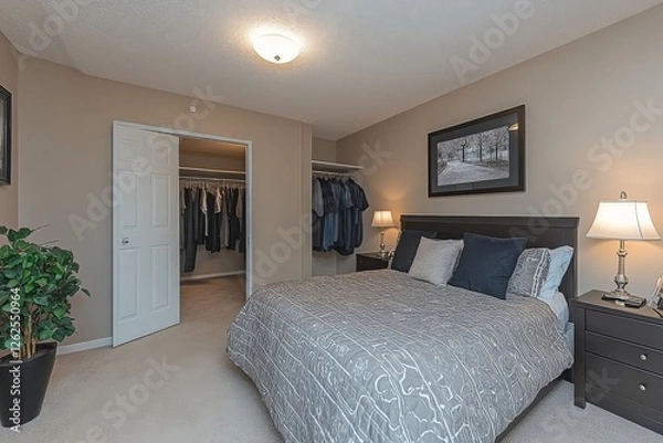 Obraz Cozy bedroom interior with a neatly made bed and organized closet in a serene setting