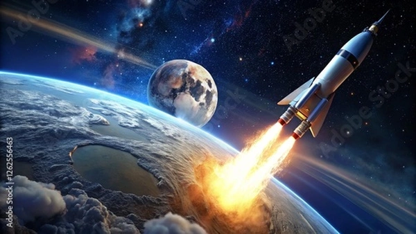 Obraz A rocket leaving Earth's orbit heading toward the Moon