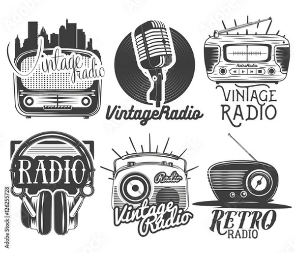 Fototapeta Vector set of radio and music labels in vintage style isolated on white background.