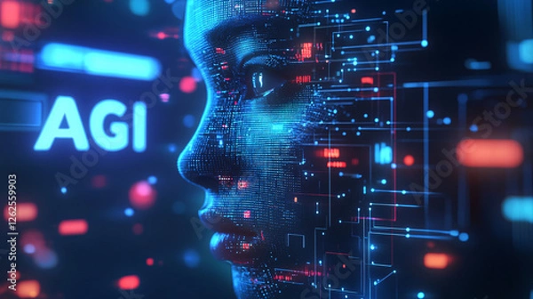Fototapeta A futuristic digital representation of an artificial intelligence face with glowing circuits and AGI technology integration  
