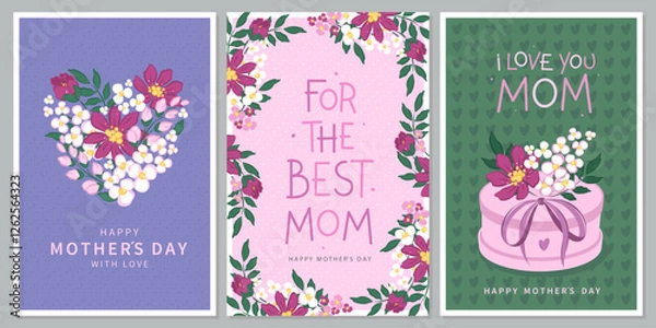 Fototapeta Happy Mother's Day card set, Spring summer floral design. For the best mom inscription. Vector illustration for banner, poster, label, template or cover with flowers frame. 