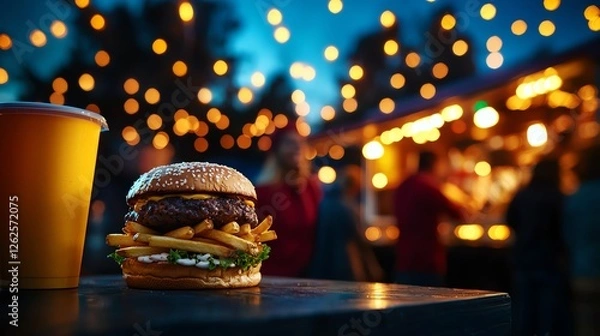 Fototapeta A delicious burger with fries, served under twinkling lights at a lively outdoor event, evoking a warm and festive atmosphere perfect for food lovers and casual dining enthusiasts.
