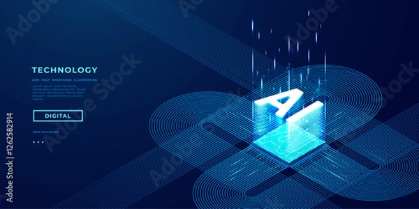 Fototapeta AI isometric futuristic chip with electric circuit wires on technology background. Artificial Intelligence hologram logo on light glowing semiconductor. Tech bg. Data flow. Vector illustration.