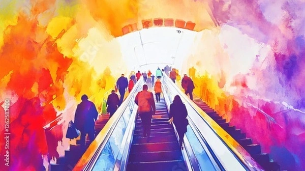 Fototapeta Watercolor Painting of People Ascending a Vibrant Escalator Conveys Motion and Humanity in Urban Environments