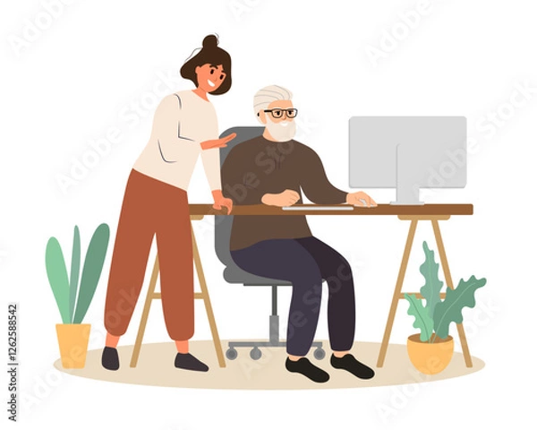 Fototapeta Modern old people using internet, computers. Senior man with computer. Young people help old man with computer. Elderly generation online.Vector illustration.