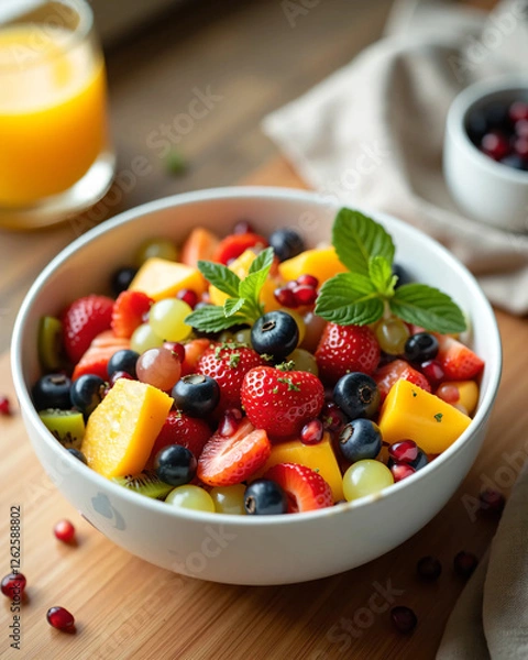 Fototapeta A beautifully arranged fruit salad in a white ceramic bowl, featuring strawberries, blueberries, kiwi, mango, grapes, and pomegranate seeds, garnished with fresh mint leaves for a vibrant and refreshi
