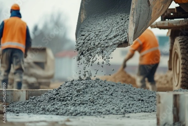 Fototapeta Concrete mixer truck pouring freshly mixed concrete at construction site urban environment action shot focused on industry work and process