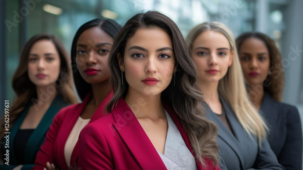 Fototapeta A diverse group of women stands confidently in business casual attire, representing a blend of professionalism and individuality