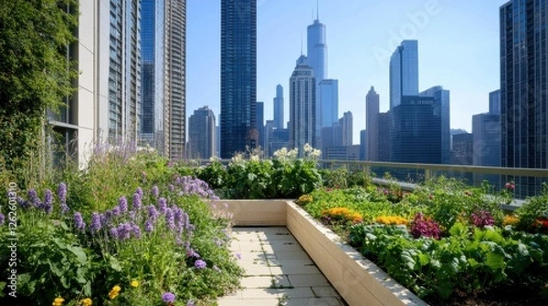 Fototapeta urban rooftop gardens, an urban rooftop garden displaying sustainability with flourishing vegetables and flowers against towering skyscrapers